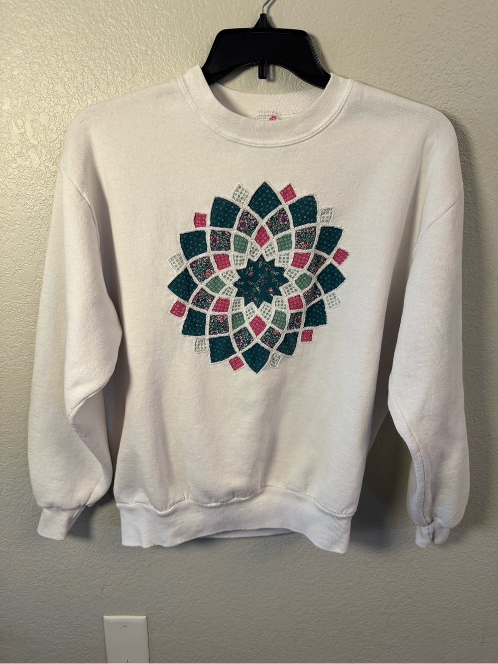 VTG Jerzees Quilted Patchwork Crewneck Sweatshirt Large White
